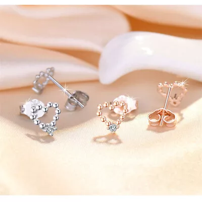 Shiny Rose Gold 925 Silver Plated Cute Textured Love Heart CZ Stud Earrings UK • £2.99