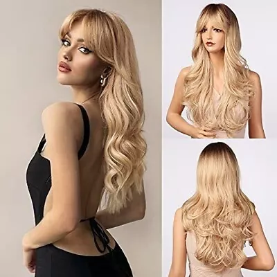 Honygebia Blonde Wig With Fringe - Long Wavy Ombre Blonde Wigs For Women • £26.99