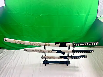 3pc Japanese Samurai Katana Sword Set W/ Stand Blade Weapon Collection Decor • $58.95