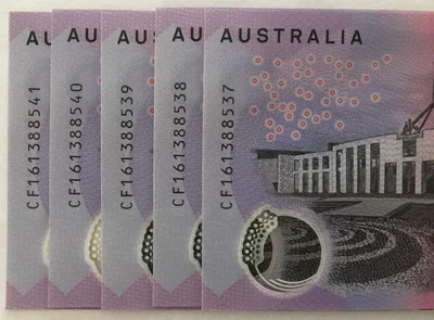 $45 • Buy 5 Consecutive 2016 $5 Dollar Australian Polymer Banknotes - Mint Uncirculated
