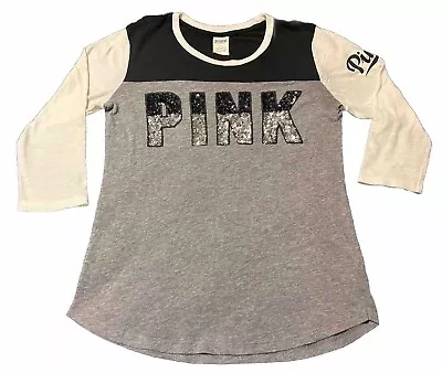 🤍🖤🩶Victoria’s Secret PINK Raglan 3/4 Sleeve Bling Logo T-Shirt-Size S • $6