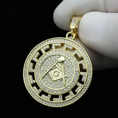 14K Yellow Gold Plated Silver 2Ct Diamond Masonic Medallion Charm Pendant • $83.58