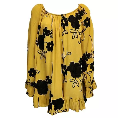 LIV Los Angeles Anthropologie Peasant Top Blouse Boho Embroidered Yellow Size XL • $21.50