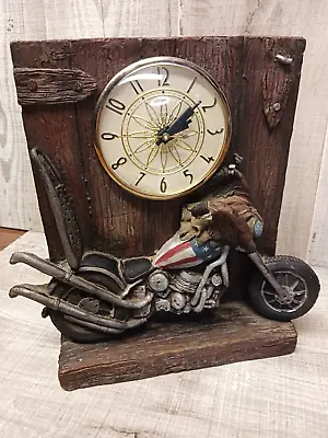 Vintage Motorcycle Hand Carved Wood Quartz Electric Table Clock 8.75 X7  (WORKS) • $58