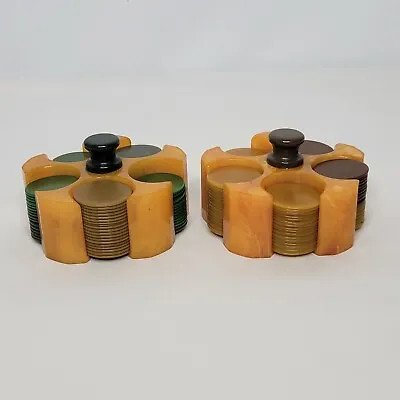 Pair Of Vintage Mini Butterscotch Bakelite Poker Chip Caddy Holders With Chips • $349.99