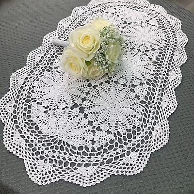 20 X32  White Vintage Hand Crochet Lace Table Runner Oval Dresser Scarf Doily • $17.09