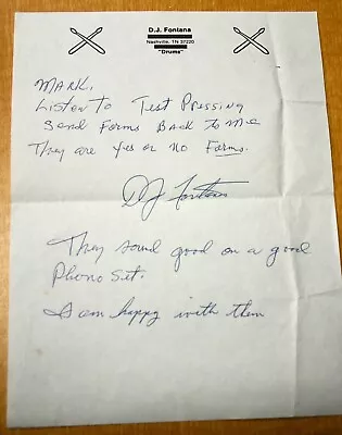 Elvis Presley Drummer D.J. Fontana Letters & Contracts Orig. Personal Letterhead • $800