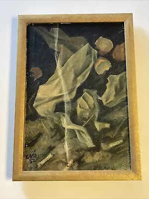Mid Century Modern Painting Surrealism Modernism Still Life Cigarettes Eggs Old • $800