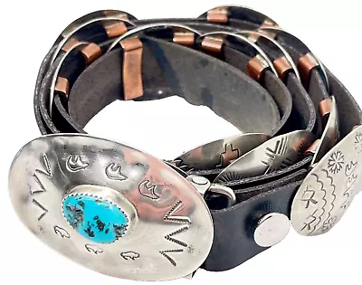 Ernest Tafoya Sterling Silver & Turquoise Vintage Concho Leather Belt Up To 39” • $499.99