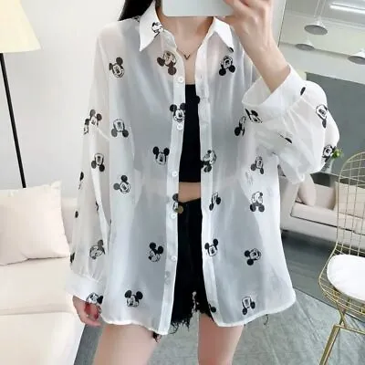 Women's Mickey Mouse Print Long Sleeve Tops Loose Fit White Blouse Casual Shirt • £15.59