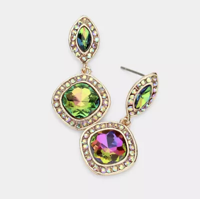 1.4” Vitrail Green Ab Long Rhinestone Crystal Pageant Dangle Earrings Multicolor • $13