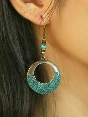 NEW Copper Turquoise Round Drop Dangle Engraved Earrings Boho Hippie Etched • $3.11