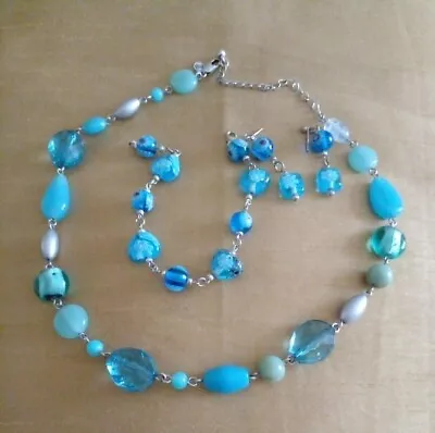  Necklace Blue Multi  Tone Chain / Millefiori Earing Bracelet Beads Style M&S • £5