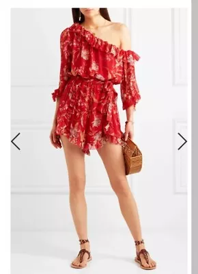 Zimmermann Corsair Iris One Shoulder Silk Playsuit Size 0 Red Floral Semi Sheer  • $249