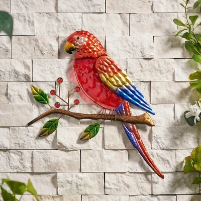£9.99 • Buy CREEKWOOD PARROT GLASS WALL ART Red Colourful Vibrant Metal Garden Décor NEW