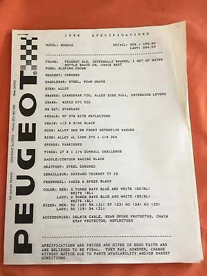 Vintage Peugeot Bicycle Information 1988 • $30