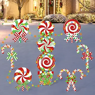 10 Pack Christmas Candy Cane Yard Signs With LED Lights Without Batteries Lollip • $20.20
