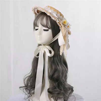 Women's Floral  Lace Straw Bonnet Bowknot Victorian Costume Straw Hat 7 Colors • $59.39