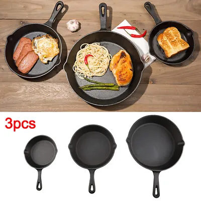 £21.99 • Buy 3pcs Cast Iron Non Stick Frying Griddle Pan BBQ Steak Cooking Meat Grill Skillet