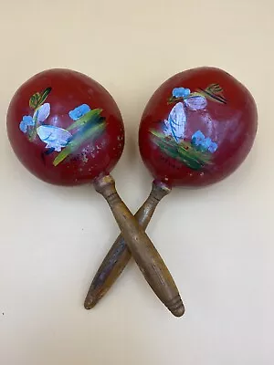 Pair Of Red Hand Painted Maracas * Mexico * Souvenir Gourd Wooden Shakers • $35.95