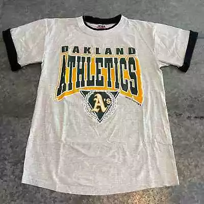 Vintage 90s Oakland Athletics A's Single Stitch Rolled Cuff T-Shirt Medium Gray • $45