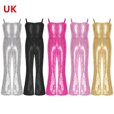 UK Kids Girls Shiny Sequins Dance Costume Gymnastics Unitard Leotard  Jumpsuits • £6.27