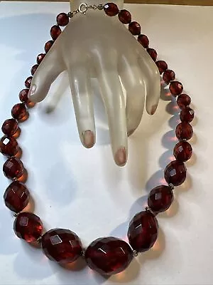 Vintage Dark Cherry Amber Bakelite Faceted Oval  Bead Gold Filled Necklace 34g￼ • $355