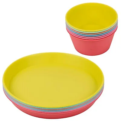 £9.99 • Buy 12pc Colorful Reusable Plastic Outdoor Childrens Picnic Party Bowls & Plates Set