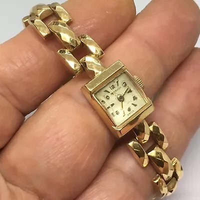 Lady's 14K Yellow Solid Gold Mechanical Watch Factory Marked Case 7 Inch 11 Mm • $2450