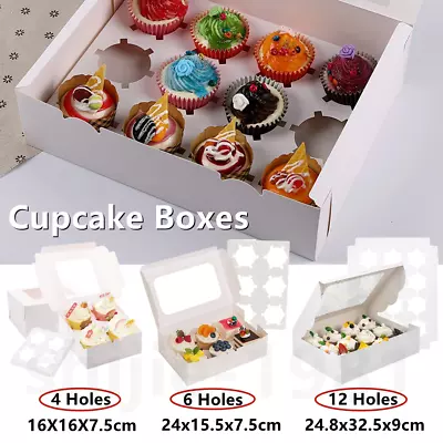 25-100x Windowed White Cupcake Boxes 4/6/12 Holes Cup Cakes With Removable Trays • £66.97