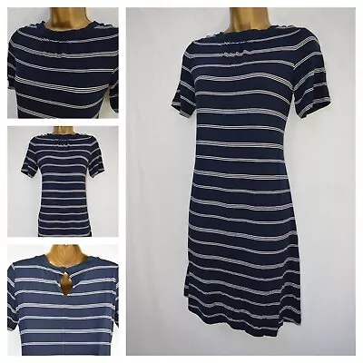 M&s Striped Swing Dress Navy Blue Stretchy Jersey Size 10 Bust 35/36  • $2.51