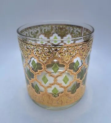 VTG MCM Culver Valencia 22k Gold Green Diamond LowBall Glass Barware USA EUC • $18