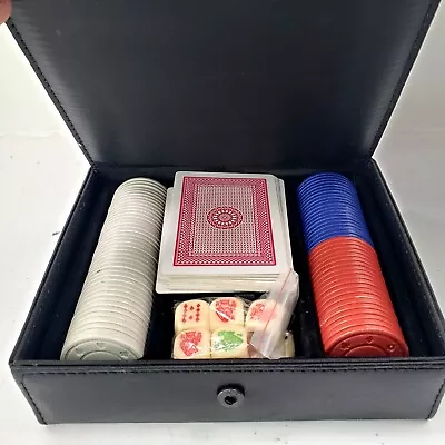 Vintage Poker Chips Set Complete Mini Travel Cards Dice Gamble Faux Leather Box. • $24.24