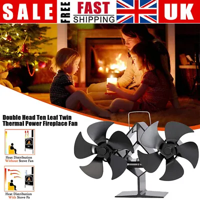 Double Head Stove Fan Fireplace Wood Log Burner 10Blades Heat Powered Eco Fan UK • £34.89