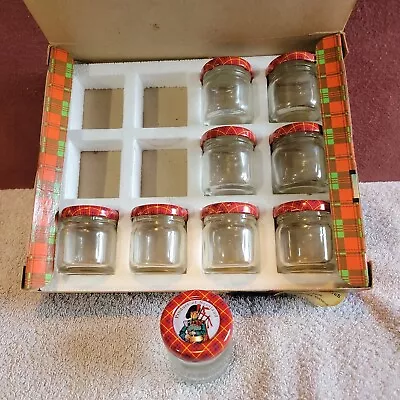 Set Of ( 9 ) 1 1/2 Oz Scotland Bagpipes Plaid  Vtg Mini Glass Jelly Jam Jars • $27