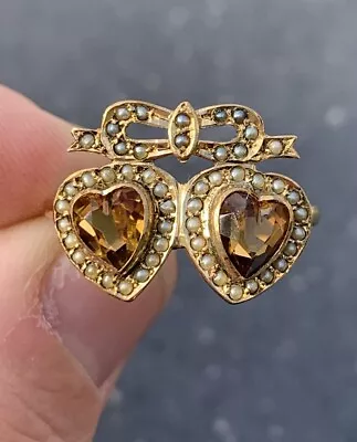 15ct Gold Victorian Citrine & Natural Seed Pearl Double Heart Unusual Ring 15k • £100