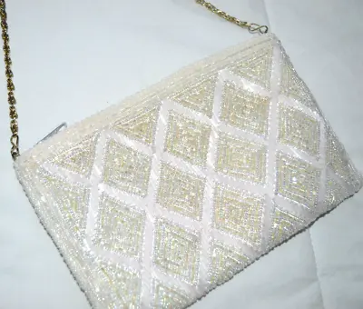 VTG LA REGALE EVENING BAG PURSE BEADED Long Chain White Clutch Costume Bride VGC • $16