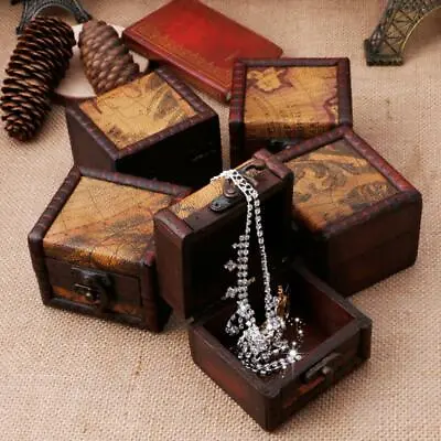 Vintage Wooden Map Storage Box Case Jewellery Cufflinks Chest Small Gifts • £5.08