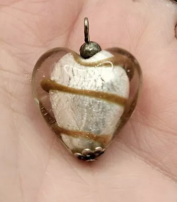 Art Glass Pendant Heart Metallic Pearl White Bronze Hand Blown Puffed Heart • $5.99