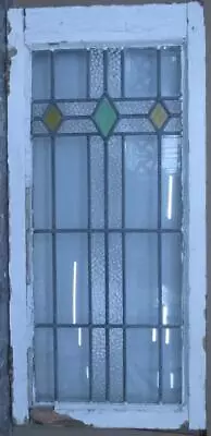 LARGE OLD ENGLISH LEADED STAINED GLASS WINDOW SIMPLE GEOMETRIC  14 1/4  X 32  • $175