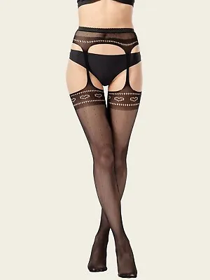 Ladies Black Fine Fishnet Tights Mock Suspender Stockings Open Gusset Loveheart • $6.53