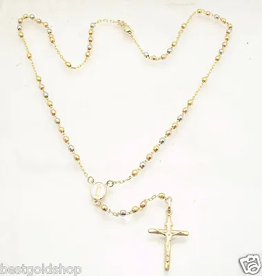 $682 • Buy 17  3mm Rosary Chain Medallion Cross Crucifix Necklace Real 10K Tri-Color Gold 