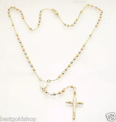 $682 • Buy 17  3mm Rosary Chain Medallion Cross Crucifix Necklace Real 10K Tri-Color Gold 