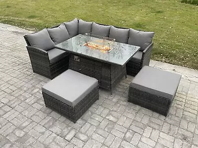 Fimous Rattan Garden Furniture Corner Sofa Gas Fire Pit Dining Table Stool Sets • £1029