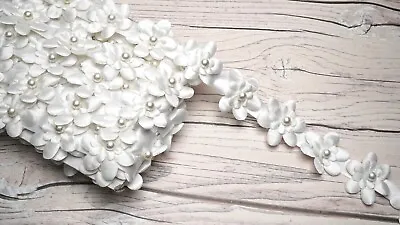 £6.59 • Buy 1 Yd Flower,Pearl, Satin Trim Wedding Embroidery Applique Diy Craft Sewing Lace