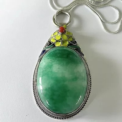 New Chinese Green Jade Glass Miao Tibet Silver Pendant Sterling Silver Necklace • $19.99