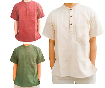 Men's Collarless Grandad Cotton Kurta Shirt  Half Sleeve Yoga Wear Top • £13.49