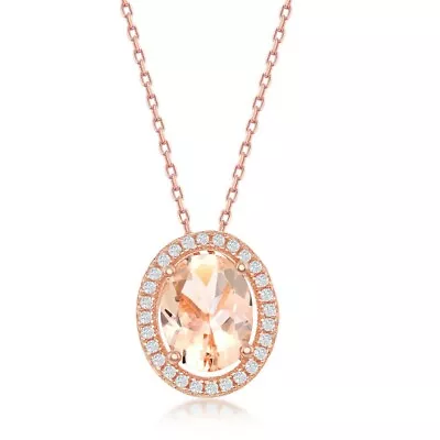 Sterling Silver Rose Gold Plated Oval Morganite CZ Pendant • $29.08