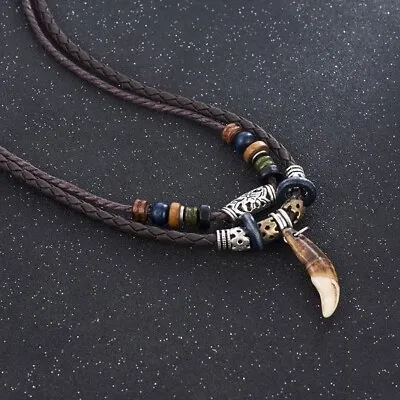 Men's Fashion Jewelry Brown Leather Beaded Weave Rope Tooth Pendant Necklace 420 • $11.20
