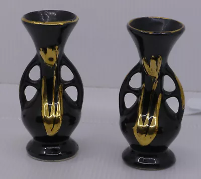 Vintage Pair Of Black & Gold Art Pottery Vases 4.75 Inches Tulips • $7.99